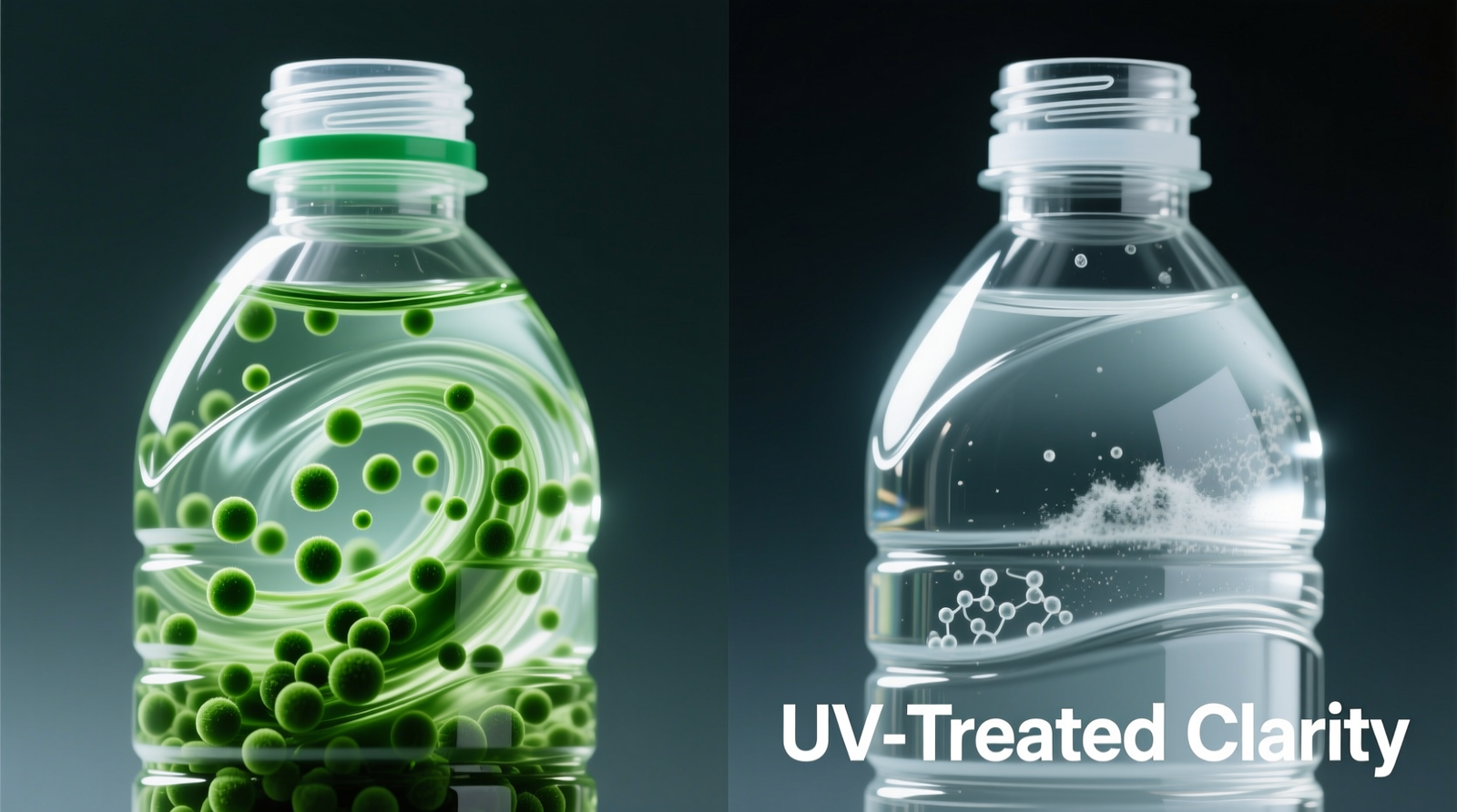 Side-by-side macro photos: left shows spirulina suspension swirling inside a clear rPET bottle with visible suspended green particles; right shows same bottle post-UV treatment, interior gleaming under angled light with no residue or film