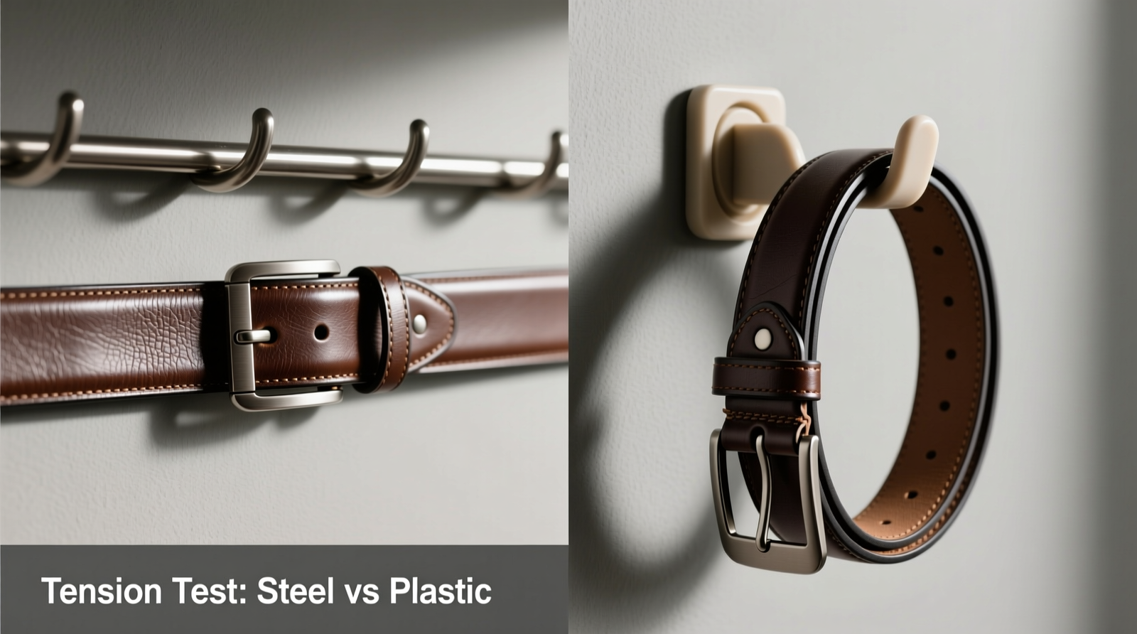Side-by-side comparison: leather belt hanging flat and straight on a wide, smooth steel looped wall hook versus curling upward on a plastic clip hanger with visible tension lines near the keeper
