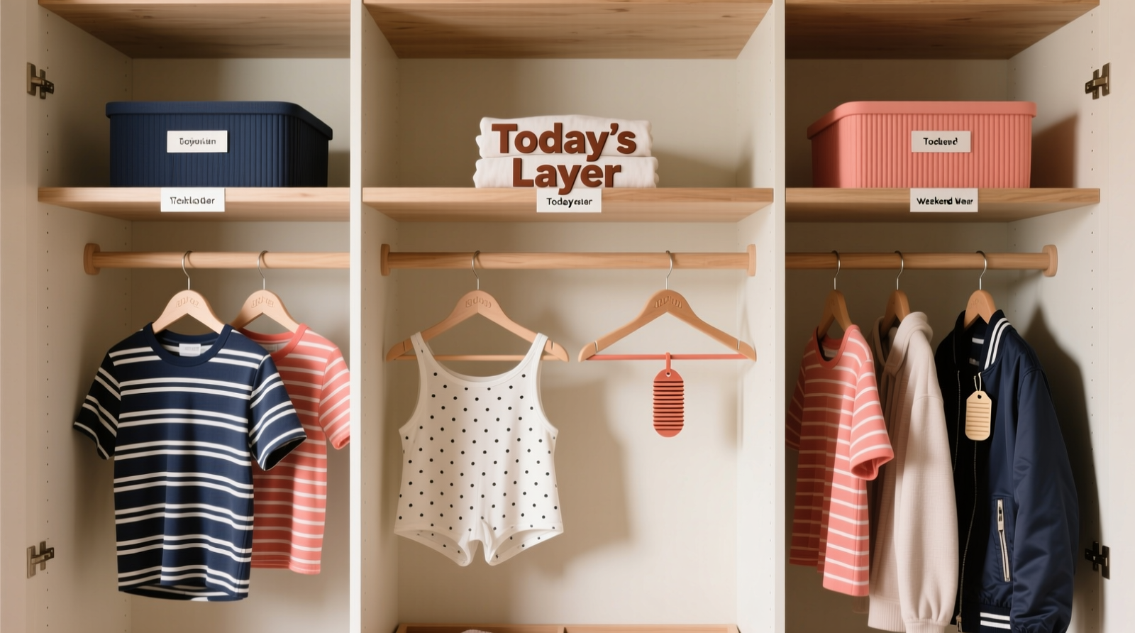 A teen’s closet showing navy-striped hooks for school clothes, coral-striped hooks for weekend wear, hangers with embossed dots (tops), silicone bands (bottoms), and ridged rubber tags (jackets); all garments face forward, spaced evenly, with one open shelf holding three folded items labeled 'Today's Layer' in large print and raised texture