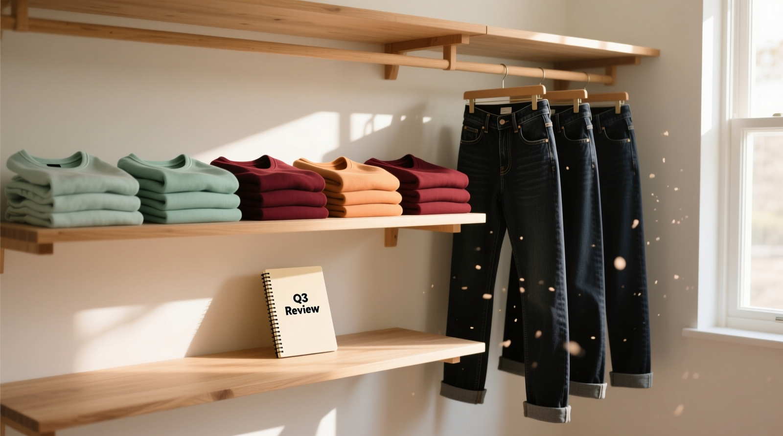 A clean, sunlit closet with 12 folded tops arranged by color gradient on open shelves, three pairs of jeans hung neatly beside them, and a small notebook labeled 'Q3 Review' resting on the shelf