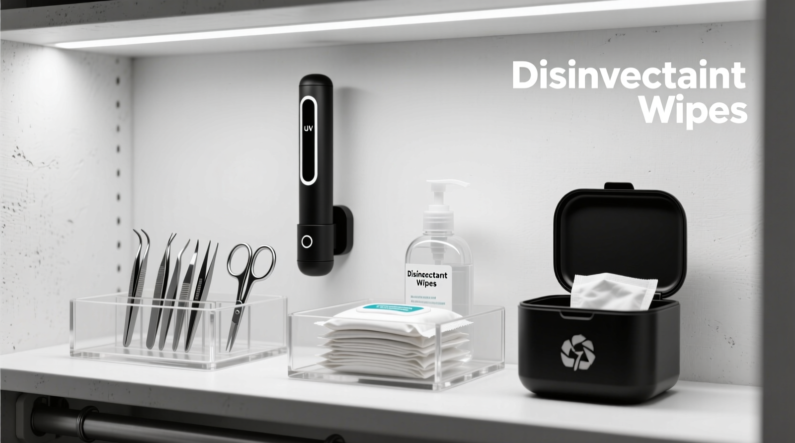A minimalist closet interior door showing a matte-black UV wand docked vertically beside a three-compartment acrylic tray: left section holds tweezers and scissors upright, center holds folded alcohol wipes in sealed dispenser, right contains small biodegradable liner bin with lid