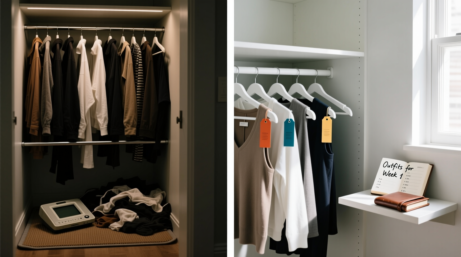 Side-by-side comparison: left shows a cluttered closet with a bulky sensor mat under garment rods; right shows a streamlined closet with labeled outfit tags clipped to hangers and a small notebook on a nearby shelf