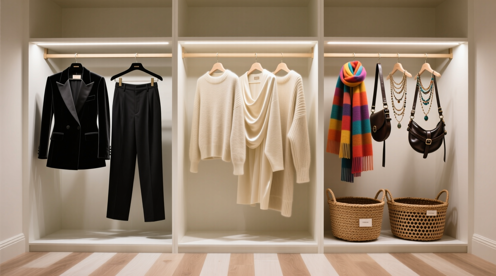 A walk-in closet with three vertically stacked zones, each featuring distinct hanger colors, labeled cotton-lined bins, charcoal-sachet garment bags hanging separately, and discreet under-shelf LED lighting casting gentle, differentiated glows