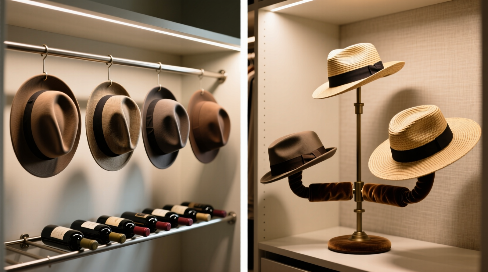 Two side-by-side closet shots: left shows hats suspended crown-down across horizontal wine rack bars with 4-inch spacing; right shows adjustable hat stand with padded arms holding fedora, panama, and wide-brim sun hat at varying heights and angles