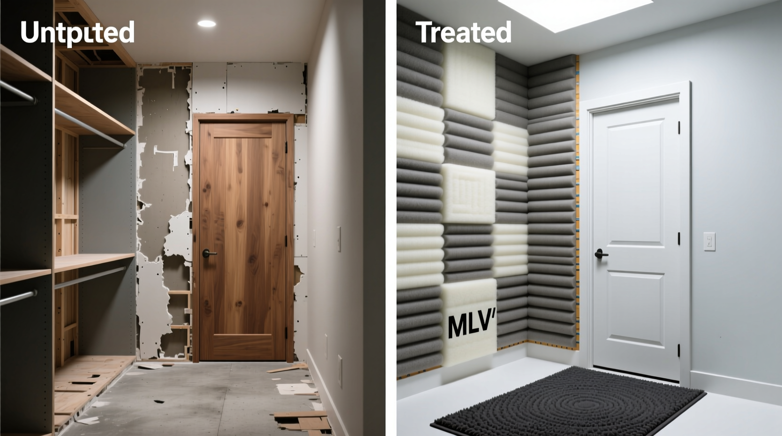 Side-by-side comparison: untreated closet interior showing bare drywall and hollow door versus treated version with MLV-backed foam panels on back wall and door, plus weatherstripped frame and floor rug