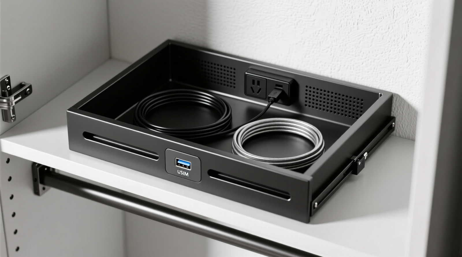 Overhead view of a minimalist closet lower shelf showing a matte-black metal drawer insert with visible magnetic cable channels, labeled USB ports on the front panel, and neatly coiled cables disappearing into a ventilated rear cavity housing a slim surge protector