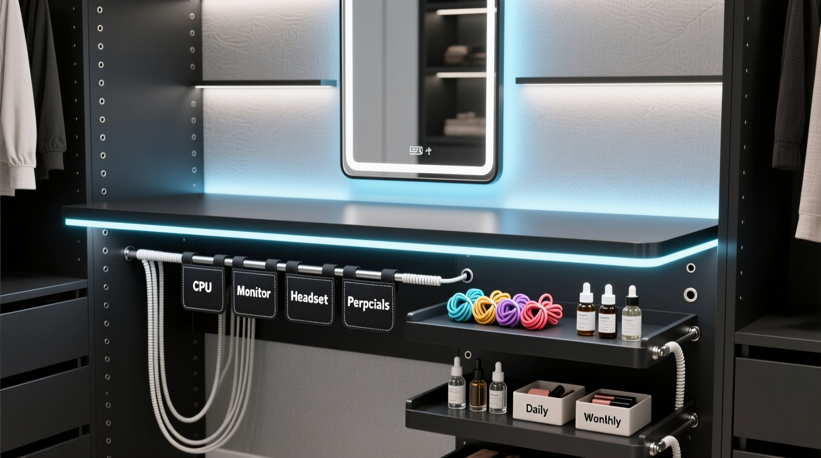 Side-view diagram showing a repurposed black gaming desk in a walk-in closet: mirror mounted vertically on rear panel, soft LED strips glowing beneath desktop edge, braided cables descending neatly through grommet holes into labeled Velcro sleeves attached to underside, CPU shelf converted into tiered organizer for hair ties and serums