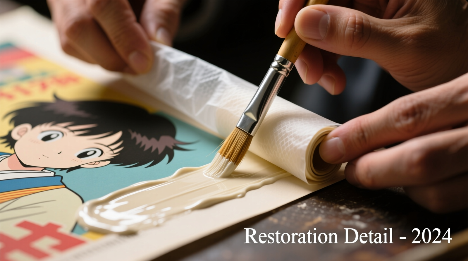Close-up of a conservator using a soft hake brush to roll wheat starch paste over a corner of a vintage anime poster, with translucent Japanese tissue paper lifted mid-application revealing clean, undamaged print beneath