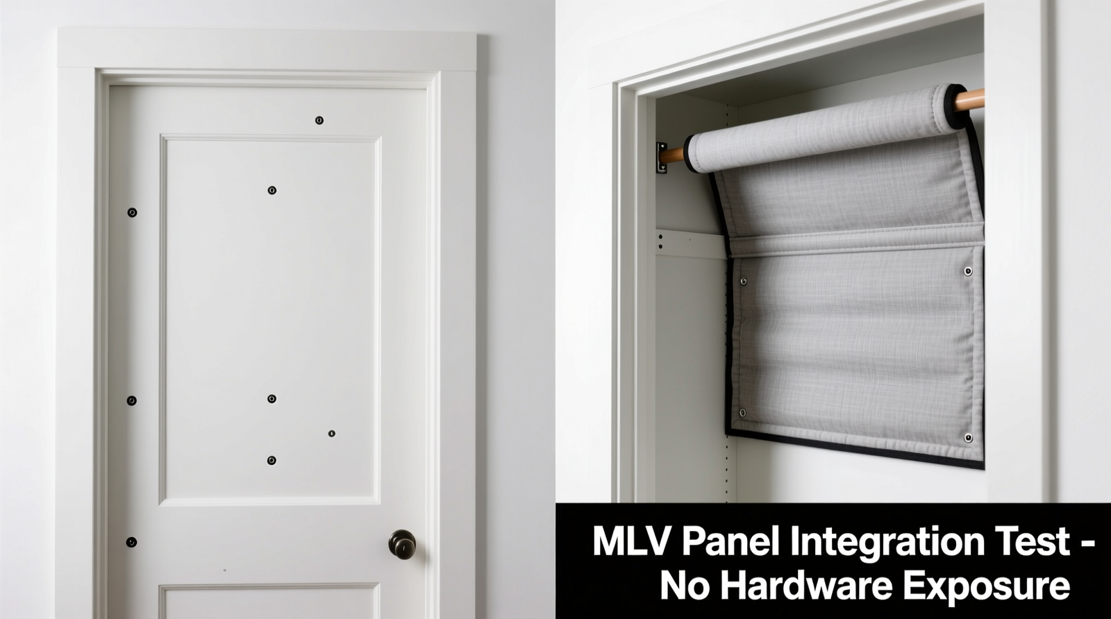 Side-by-side comparison: a standard hollow-core closet door versus the same door with a slim, fabric-wrapped MLV panel mounted flush on the interior surface, showing full rod clearance and no visible hardware