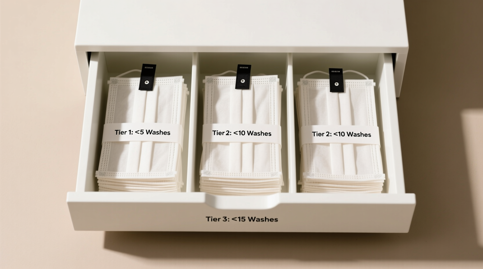 A well-organized closet shelf showing three labeled, breathable cotton bags: light blue 'CLEAN MASKS', charcoal mesh 'USED – WASH TODAY', and pale yellow 'SPARE FILTERS', each spaced 6 inches apart on a wooden shelf with no overlapping items