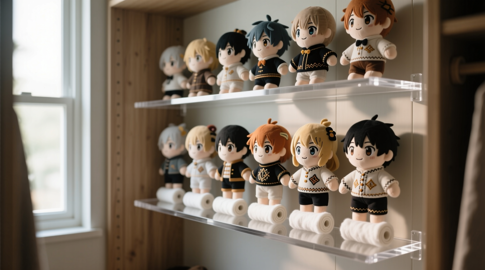 A narrow closet interior featuring three staggered acrylic display shelves holding 12 anime plushies upright; each plushie stands independently with subtle limb support from off-white cotton rolls, no overlapping or crowding, ambient natural light highlighting embroidered details
