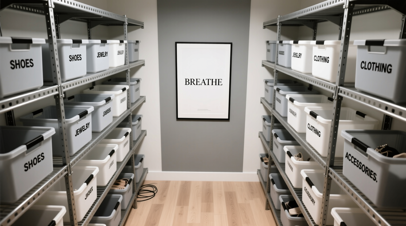 A minimalist white closet with a 14-inch-deep charcoal felt-backed shelf mounted at eye level, holding three anime figures spaced evenly with subtle shadow gaps; below, matching opaque bamboo bins sit on lower shelves, all aligned to the same vertical grid