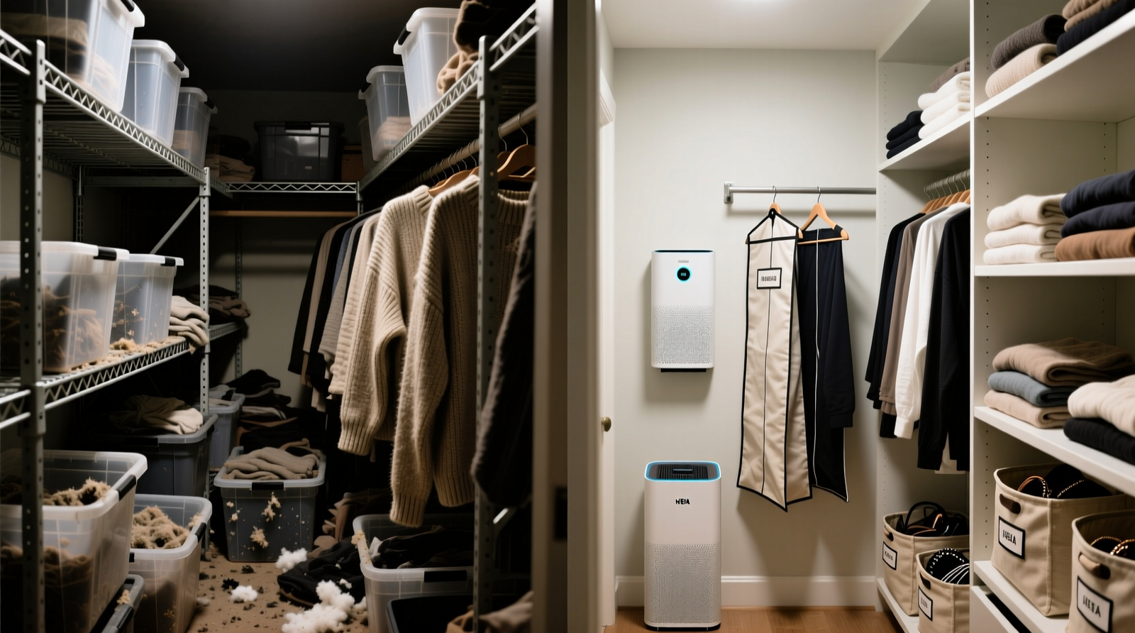 Side-by-side comparison: left shows a cluttered closet with plastic bins, bare shelves, and visible dust on sweaters; right shows the same closet reorganized with cotton-lined shelves, hanging garment bags, labeled canvas totes, and a discreet HEPA unit mounted high on the back wall—no visible dust, all fabrics fully covered.