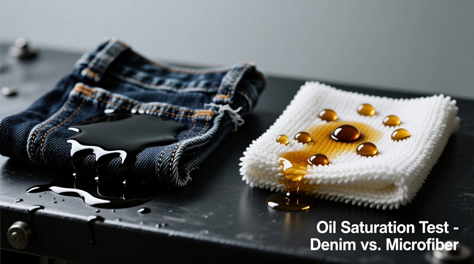 Side-by-side comparison: A saturated upcycled denim rag fully darkened with motor oil next to a microfiber rag showing visible oil beading and incomplete saturation on its surface