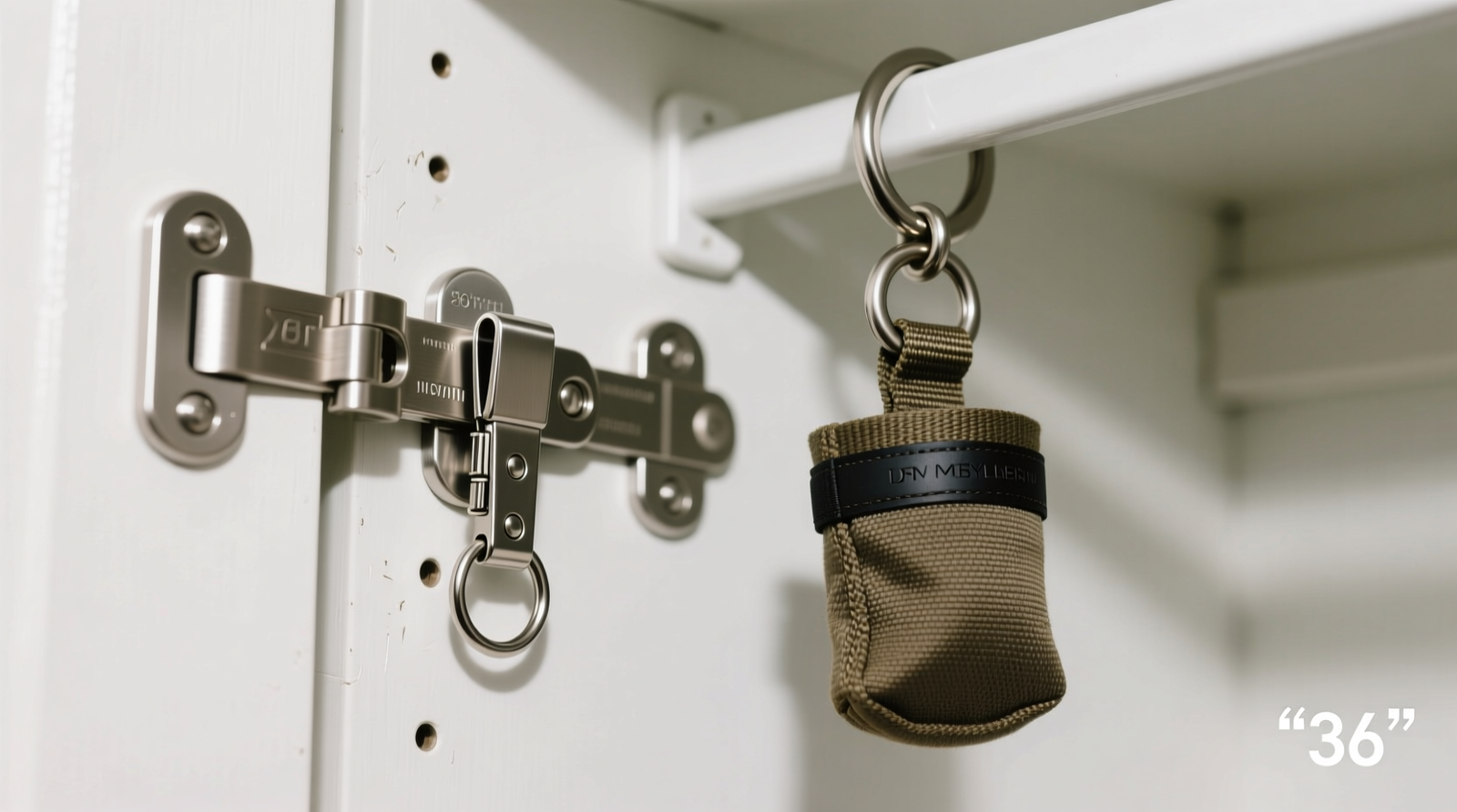 A well-organized closet shelf showing two labeled, opaque airtight containers—one holding rolled treat pouches and the other holding metal clickers beside a small desiccant packet; background shows clean, uncluttered shelving with no fabric, paper, or cardboard nearby