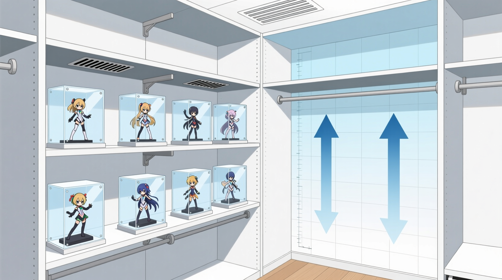 Side-view schematic of a closet showing wall-mounted open-back shelving installed above hanging rods, with anime figure display cases spaced evenly and featuring discreet top-edge ventilation slots; arrows indicate upward airflow path from floor to ceiling