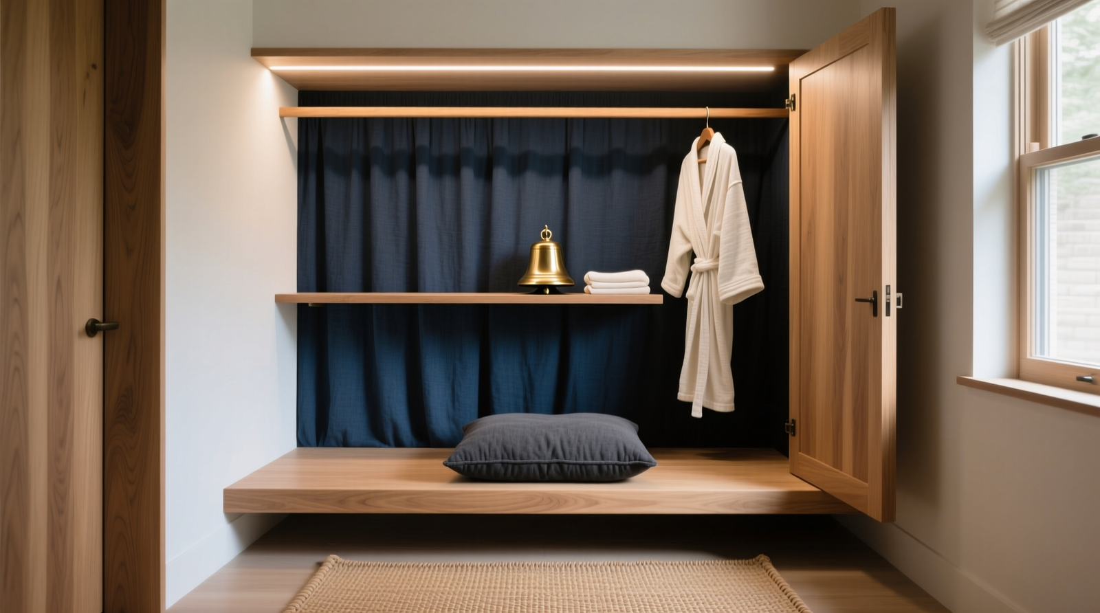 A 28-inch-wide reach-in closet converted into a meditation nook: light oak platform (6 inches high), charcoal linen cushion, woven jute mat, recessed LED strip above a floating shelf holding a brass bell and folded cotton robe. Door is partially open, revealing soft fabric panel lining the interior back wall.