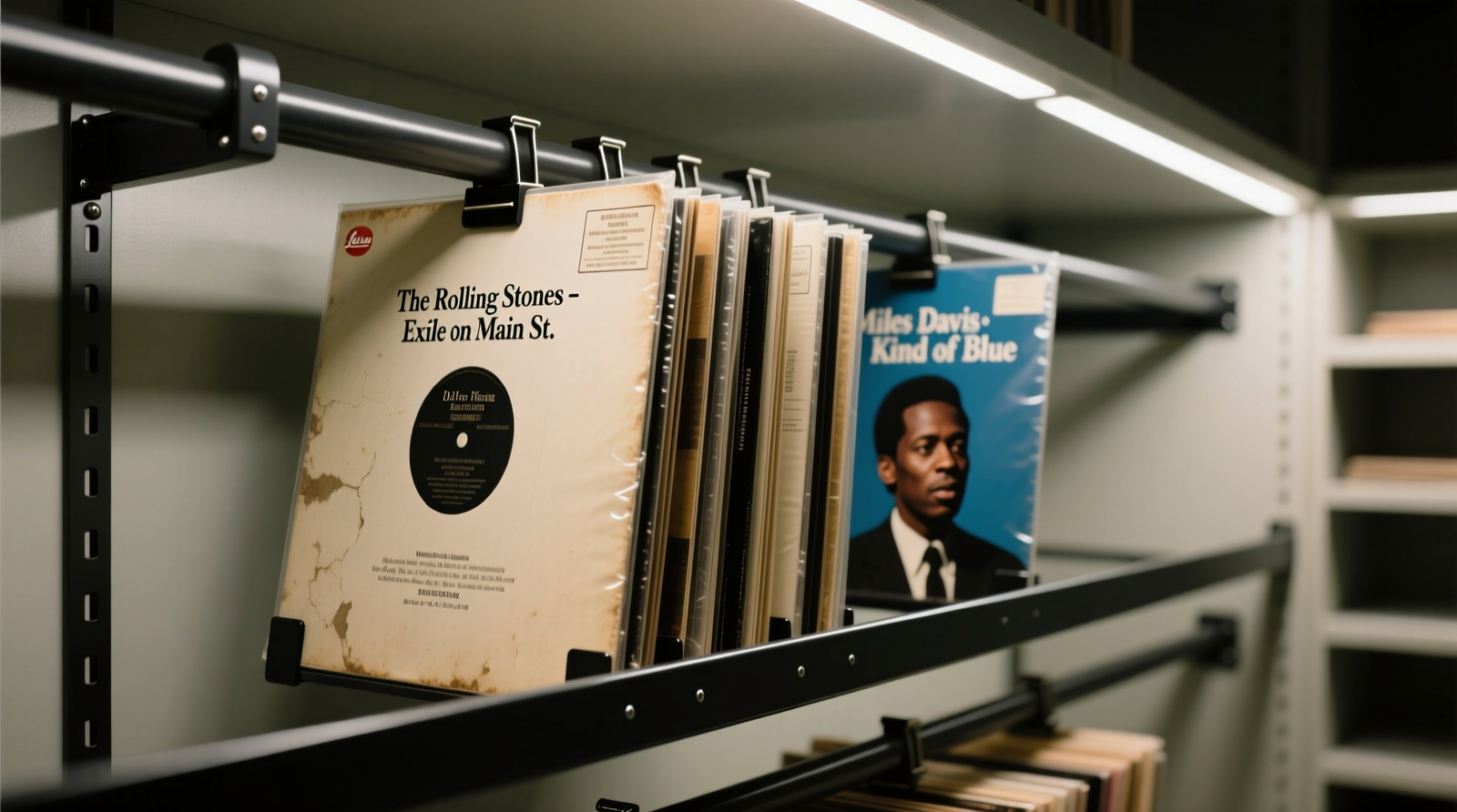 Close-up of archival vinyl sleeves mounted vertically on a matte-black, powder-coated steel rail system inside a climate-stable closet, with visible 1/4-inch spacing and no visible adhesives or fasteners penetrating sleeve material