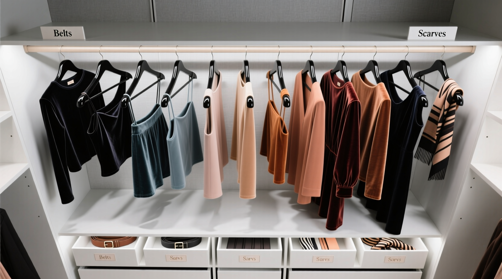 Overhead view of a streamlined closet: 15 garments evenly spaced on slim velvet hangers, grouped by category and color gradient, with labeled shelf bins for belts and scarves—no visible clutter, no overlapping items