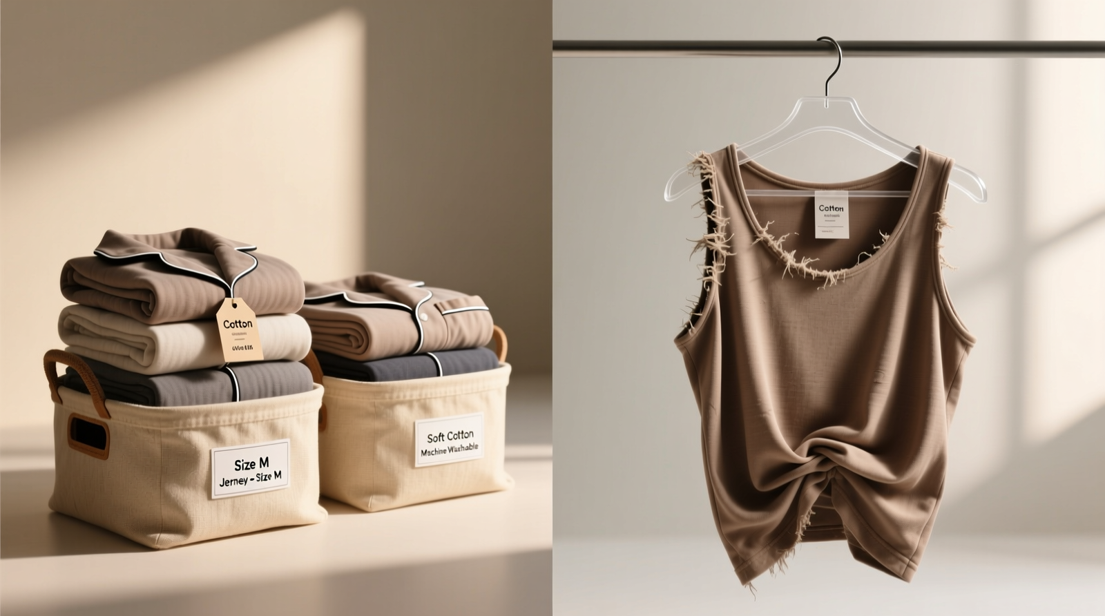 Side-by-side comparison: neatly rolled jersey pajamas in labeled, shallow canvas bins versus jersey top stretched and bunched on a thin plastic hanger with visible pilling at shoulder seam