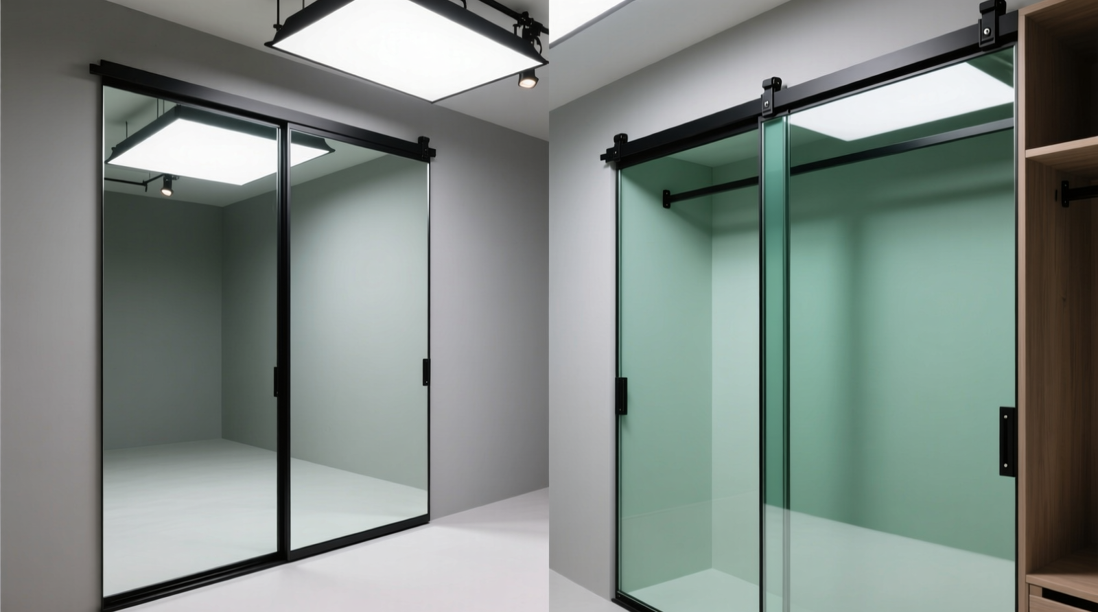 Side-by-side studio apartment closets: left shows a frameless low-iron mirrored sliding door fully closed, reflecting ceiling light and opposite wall seamlessly; right shows a standard mirrored door with visible black track and slight greenish tint, creating a noticeable visual break at the seam.