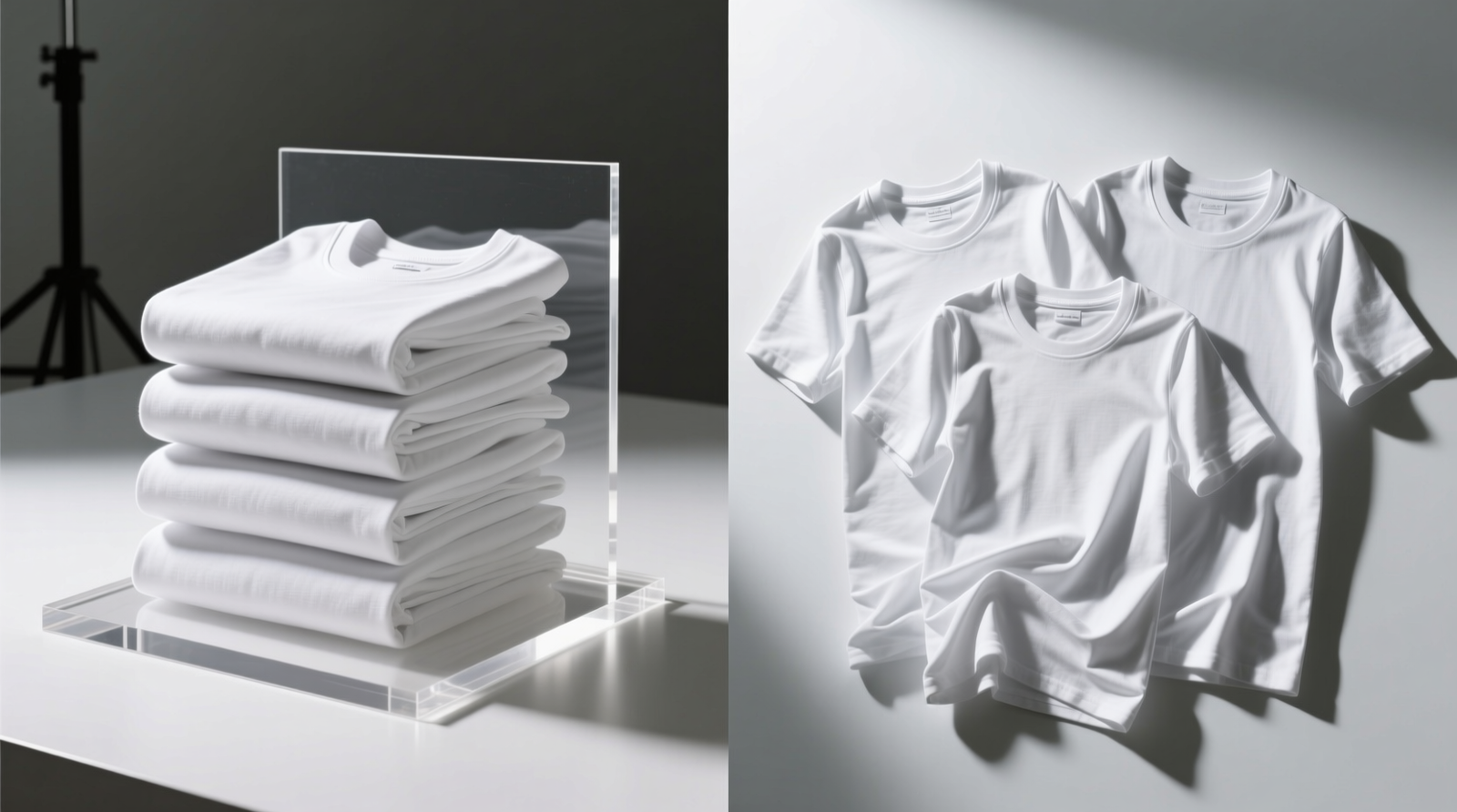 Side-by-side comparison: left shows five identical T-shirts folded with a rigid acrylic board—crisp edges, uniform height, upright stance; right shows same shirts using no-fold method—slumped, uneven heights, visible collar distortion and front bowing
