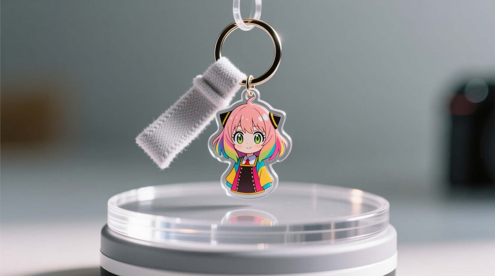 Close-up photo showing an anime keychain suspended by its metal ring on a transparent rotating acrylic stand, with visible microfiber liner encircling the base mount and no visible contact between charm body and acrylic surface