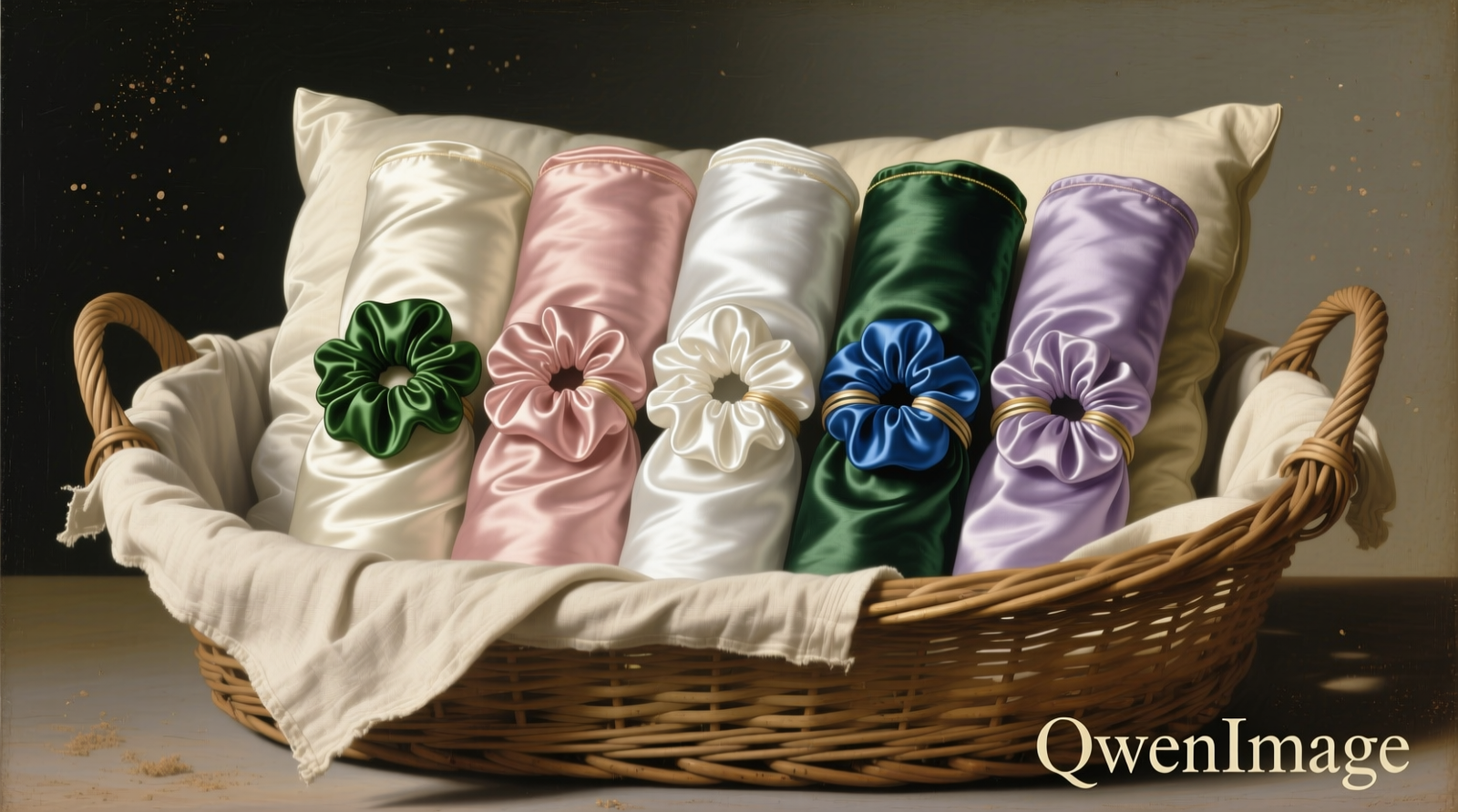 Three rolled silk pillowcases and five satin scrunchies nestled inside a light linen pillowcase, arranged upright in an open willow basket lined with unbleached cotton