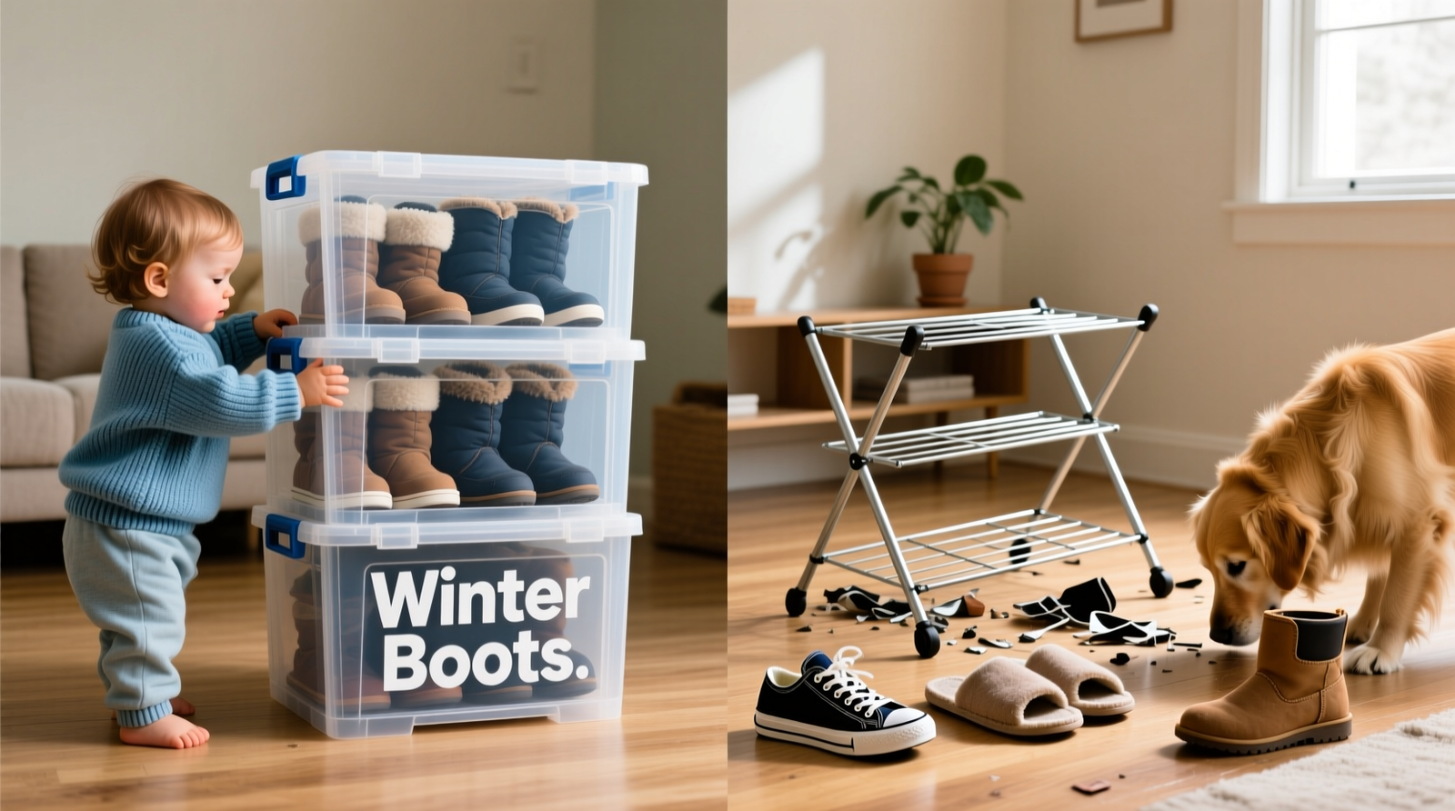 Side-by-side comparison: a toddler safely opening a latched clear stackable box labeled 'Winter Boots', next to a collapsed foldable wire shoe rack with shoes scattered and a dog sniffing near its bent leg