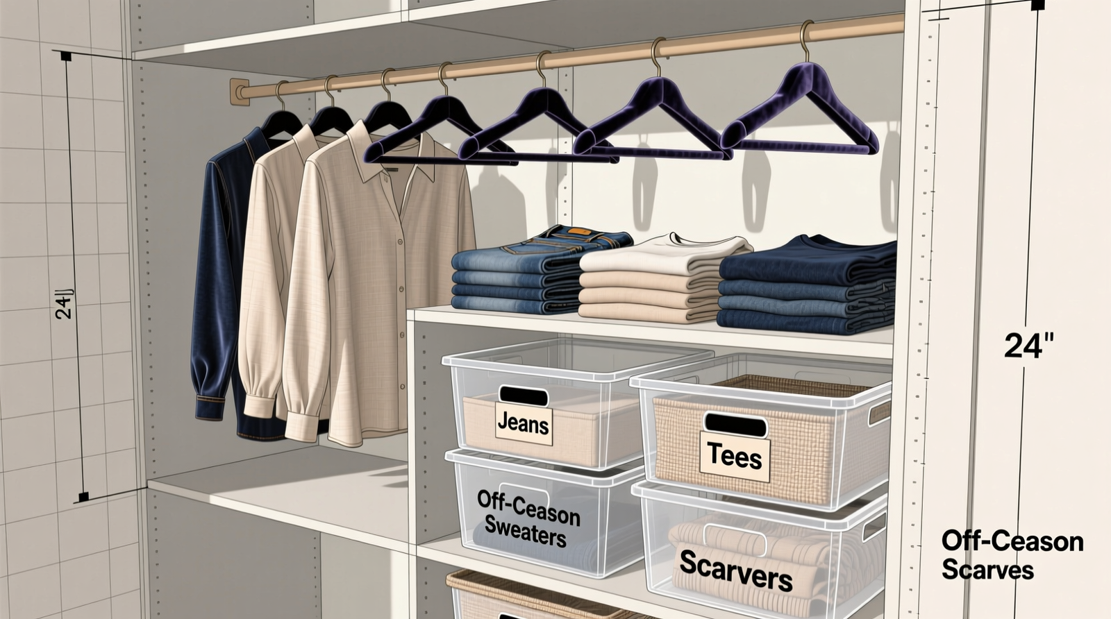 Side-view diagram of a converted linen closet showing staggered shelves: upper tier with velvet hangers holding blouses, middle tier with two-tier dividers holding folded jeans and tees, lower tier with labeled fabric bins for off-season sweaters and scarves—all within original 24-inch depth