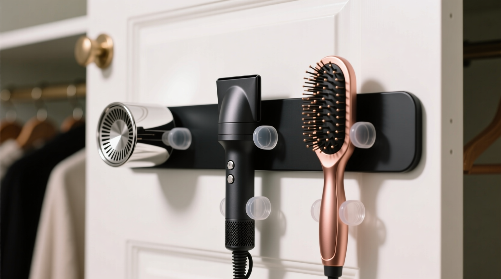 Close-up of matte-black magnetic wall strip mounted inside a white closet door, with three hair dryer attachments—silver diffuser, charcoal concentrator, and rose-gold brush nozzle—securely adhered via translucent silicone grip pads, evenly spaced and aligned