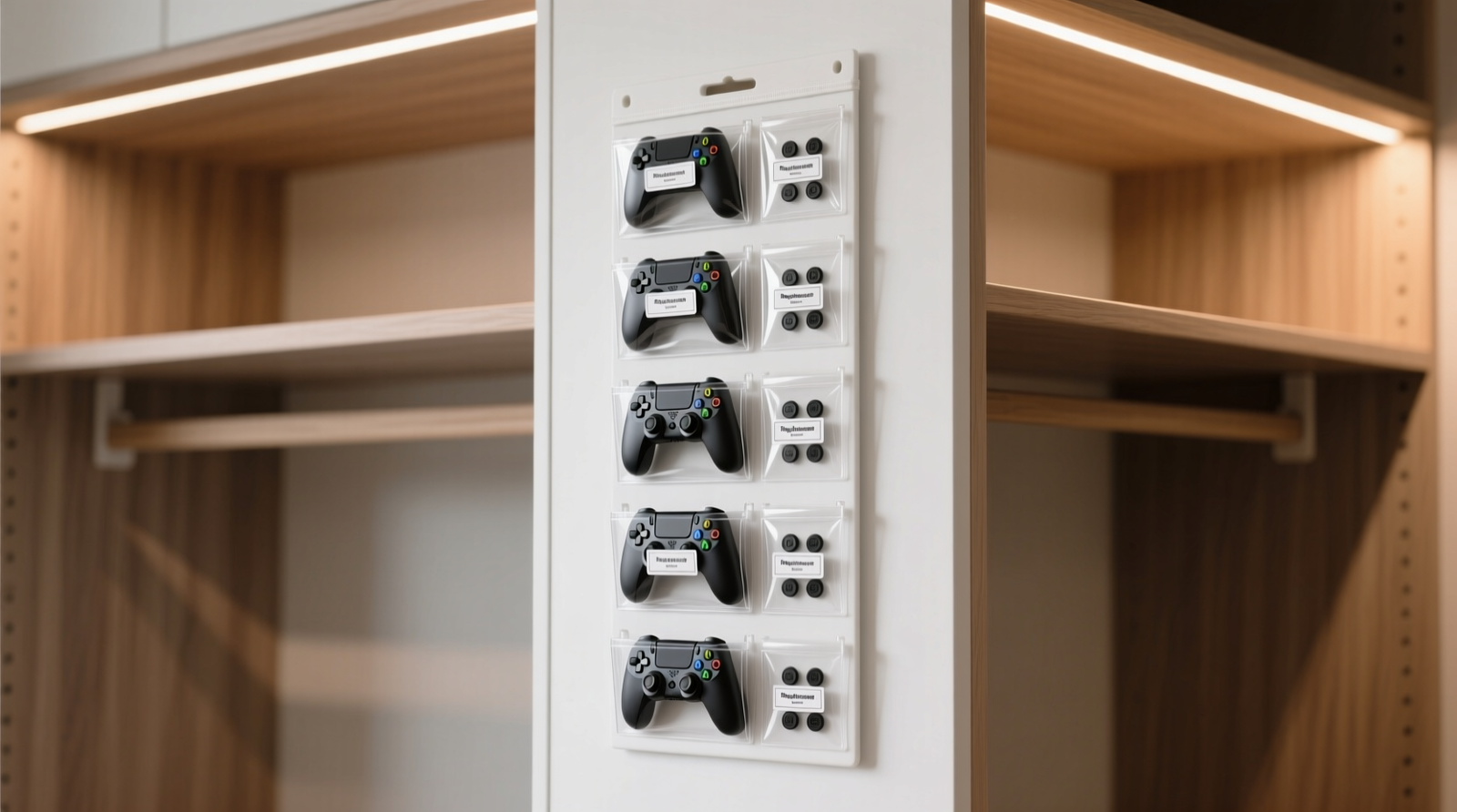 Wall-mounted vertical organizer with 12 clear vinyl pockets, each holding one folded controller skin or a small cluster of identically labeled replacement buttons; labels are crisp, legible, and aligned horizontally; background shows clean closet shelving with ambient lighting