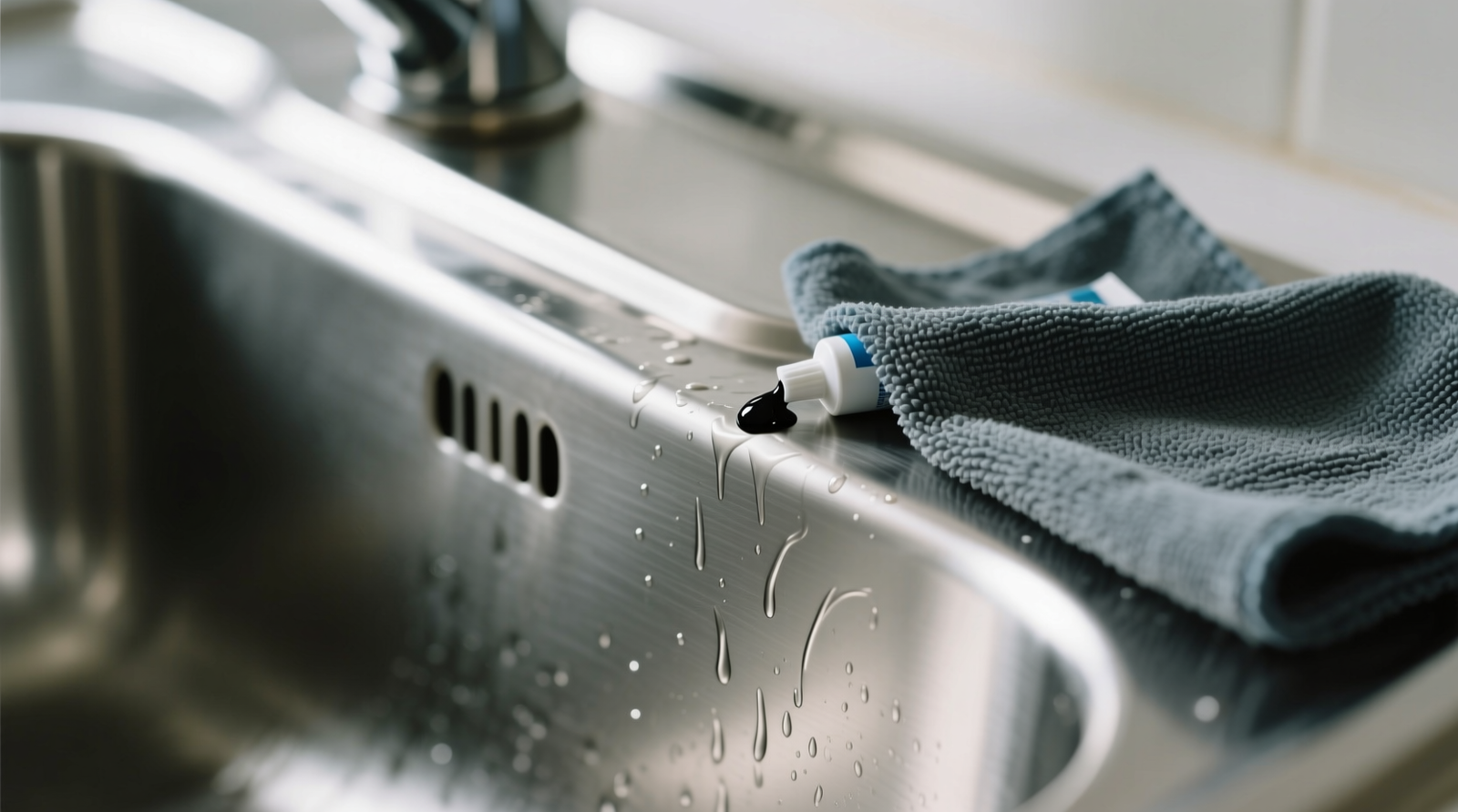 Close-up of a stainless steel sink being gently wiped with a damp microfiber cloth in the direction of the visible grain lines, with a small dot of black charcoal toothpaste visible on the cloth