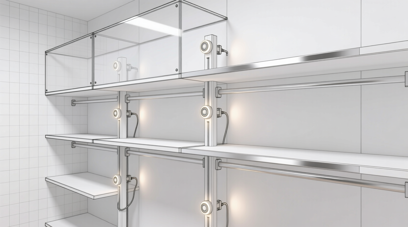 Side-view diagram of a walk-in closet showing upper translucent panel, matte-white back wall, aluminum-taped shelf edges, and vertically mounted motion-sensor LED pucks on support posts—no cords visible
