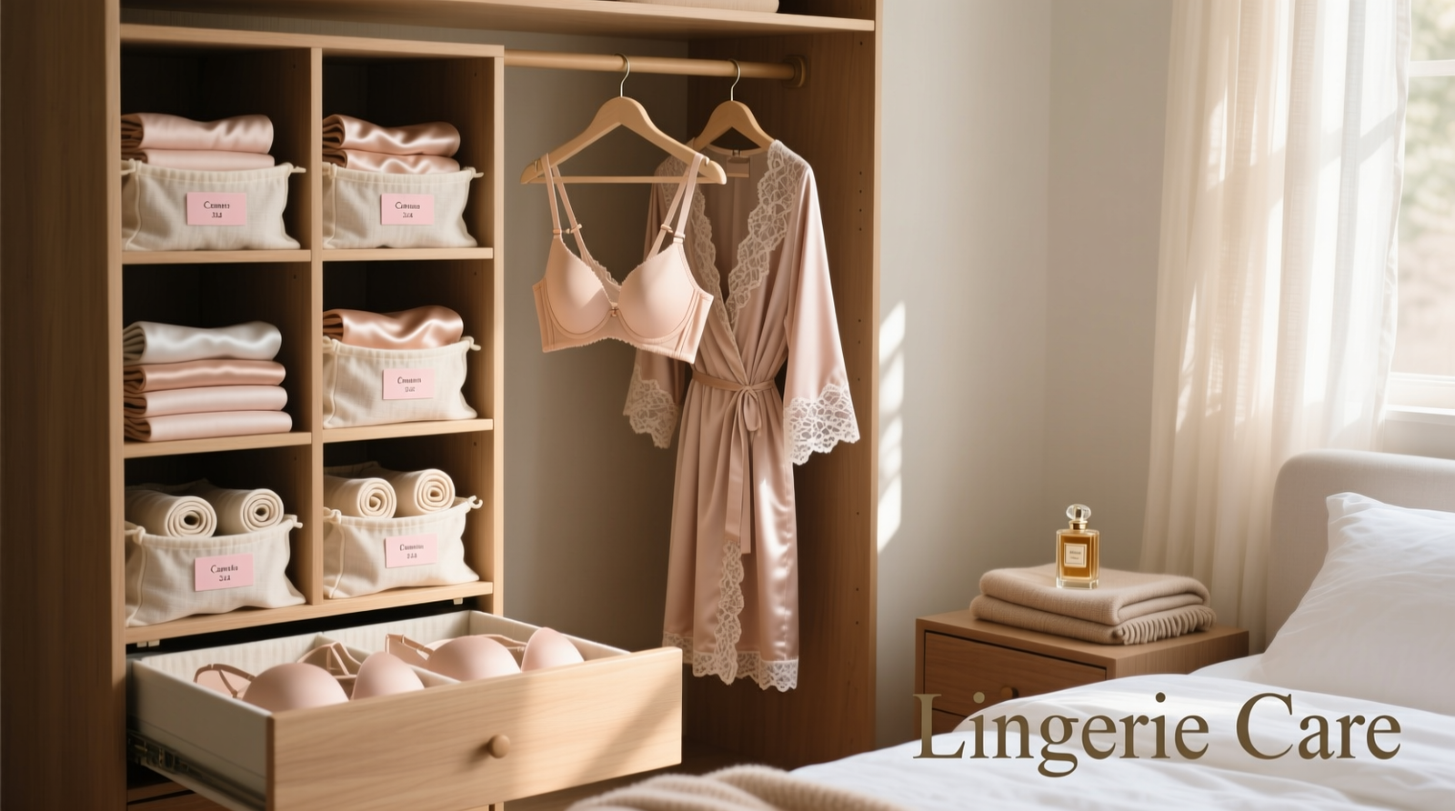 A well-organized lingerie drawer showing vertical-folded bras in labeled cotton compartments, silk camisoles rolled in breathable muslin pouches, and padded hangers holding lace-trimmed robes