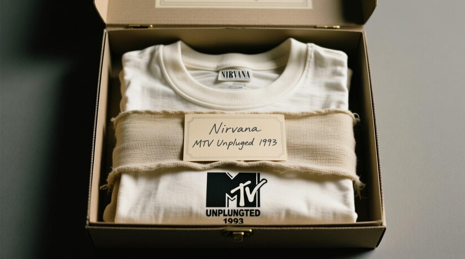 Top-down photo of a vintage band tee folded precisely in half vertically then horizontally, resting on ivory unbuffered cotton tissue inside a matte white acid-free archival box labeled 'Nirvana ’91'