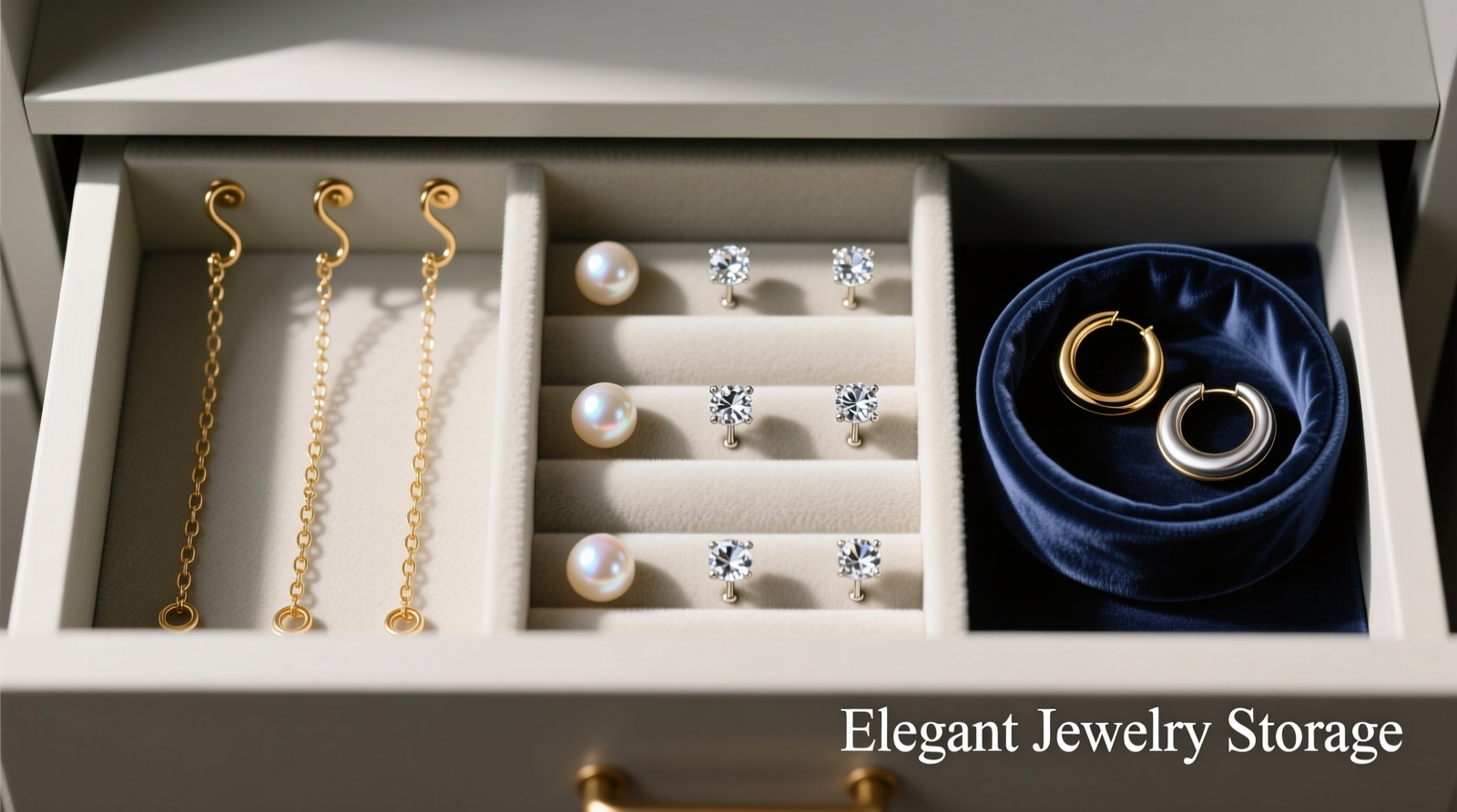 Top-down view of a shallow closet drawer divided into three vertical sections: left section shows delicate gold chains hanging straight from small S-hooks mounted on the drawer’s front edge; center section displays pearl and diamond studs seated upright in soft silicone wells; right section holds gold and silver hoops nestled in a cut velvet ring roll