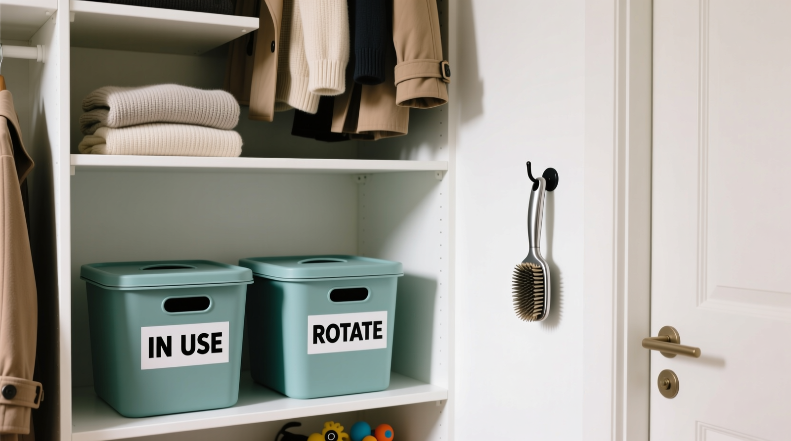 A well-lit walk-in closet showing a clearly demarcated bottom section: two identical lidded teal bins on a low shelf, labeled 'IN USE' and 'ROTATE'; adjacent upper shelves hold folded sweaters and hanging coats with no pet items visible. A small wall-mounted hook holds a pet brush—separate from all clothing zones.