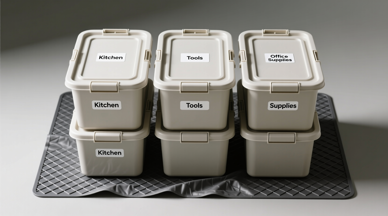 Overhead view of a 4ft x 3ft floor zone with three tiers of identical lidded plastic bins arranged in two columns; each bin labeled clearly in sans-serif font; non-slip liner visible beneath the base layer
