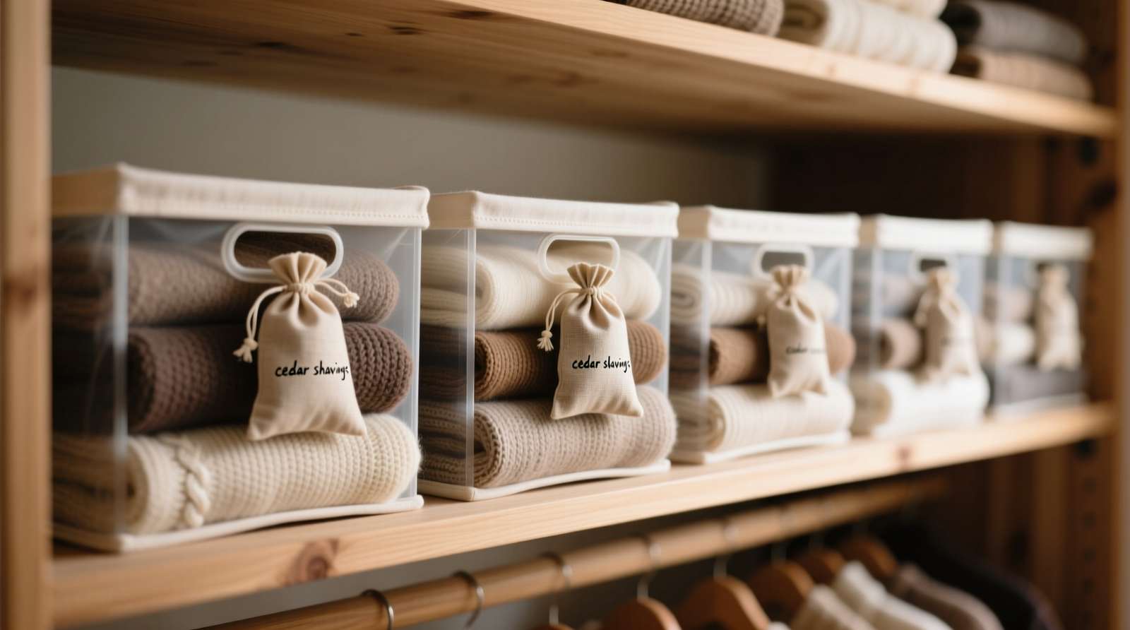 A neatly organized closet section showing wool sweaters folded in opaque cotton storage boxes, with small muslin sachets labeled 'cedar shavings' placed between layers—no scented blocks visible