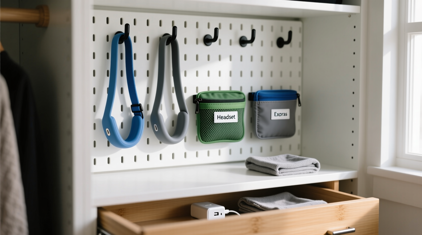 Close-up of a closet interior showing a white pegboard mounted at eye level, with two silicone VR straps hanging vertically from soft-grip hooks, three labeled mesh pouches (blue, green, gray) affixed below, and a shallow bamboo drawer beneath holding a compact power adapter and microfiber cloth.