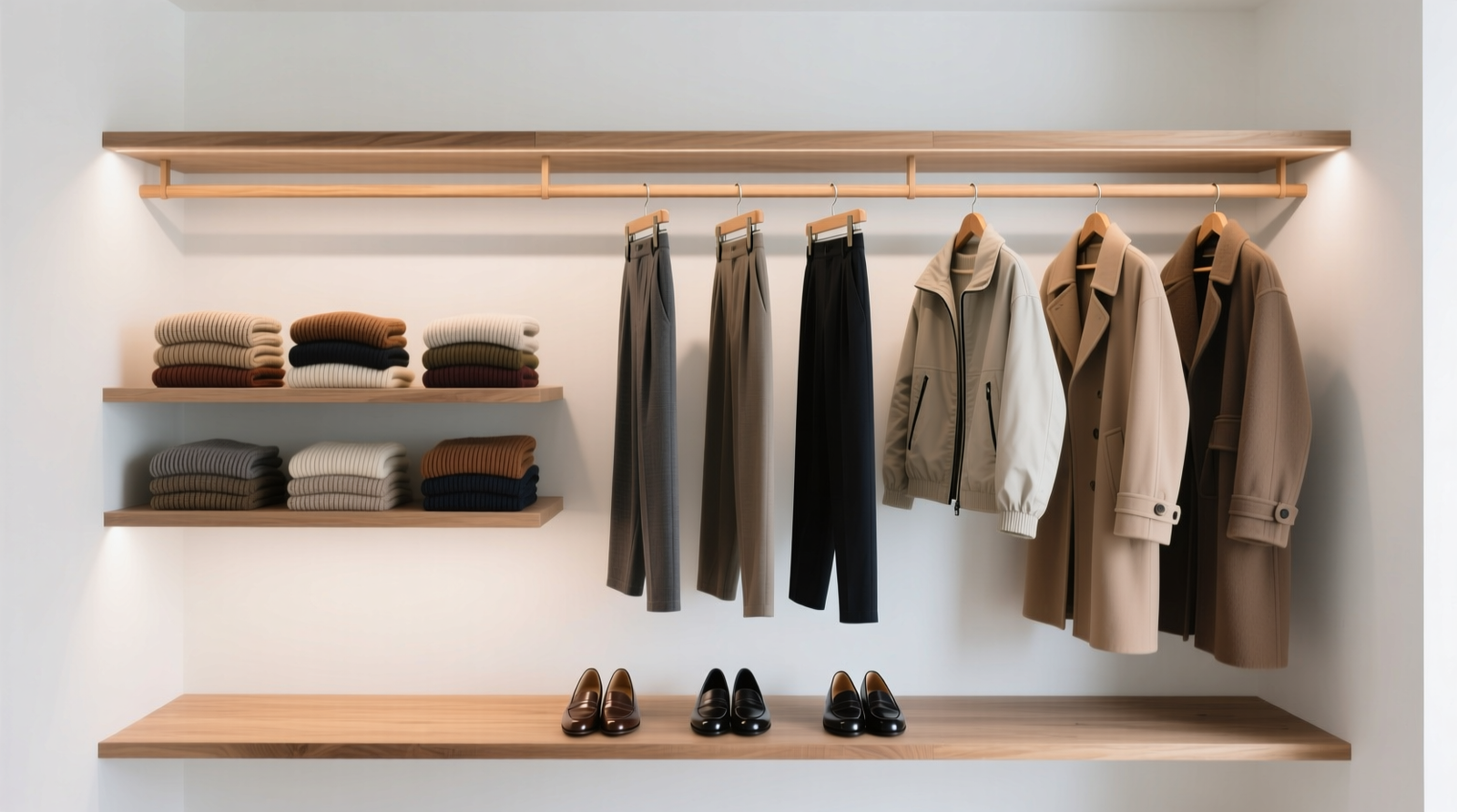 A streamlined closet with 27 visible garments on wooden hangers: nine folded knits stacked neatly on a shelf, six pants hanging on a single bar, five outerwear pieces arranged by weight, and four shoes aligned on a low rack—no visible clutter, no boxes, no overflowing shelves