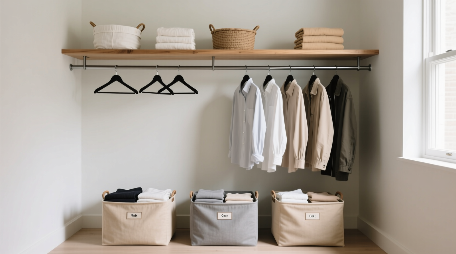 A functional closet showing three clearly labeled fabric bins at floor level, a double-hang rod with uniformly spaced hangers at eye level, and a single shelf above holding folded items in neutral-toned cotton baskets—no visible labels, no color coding, no decorative objects