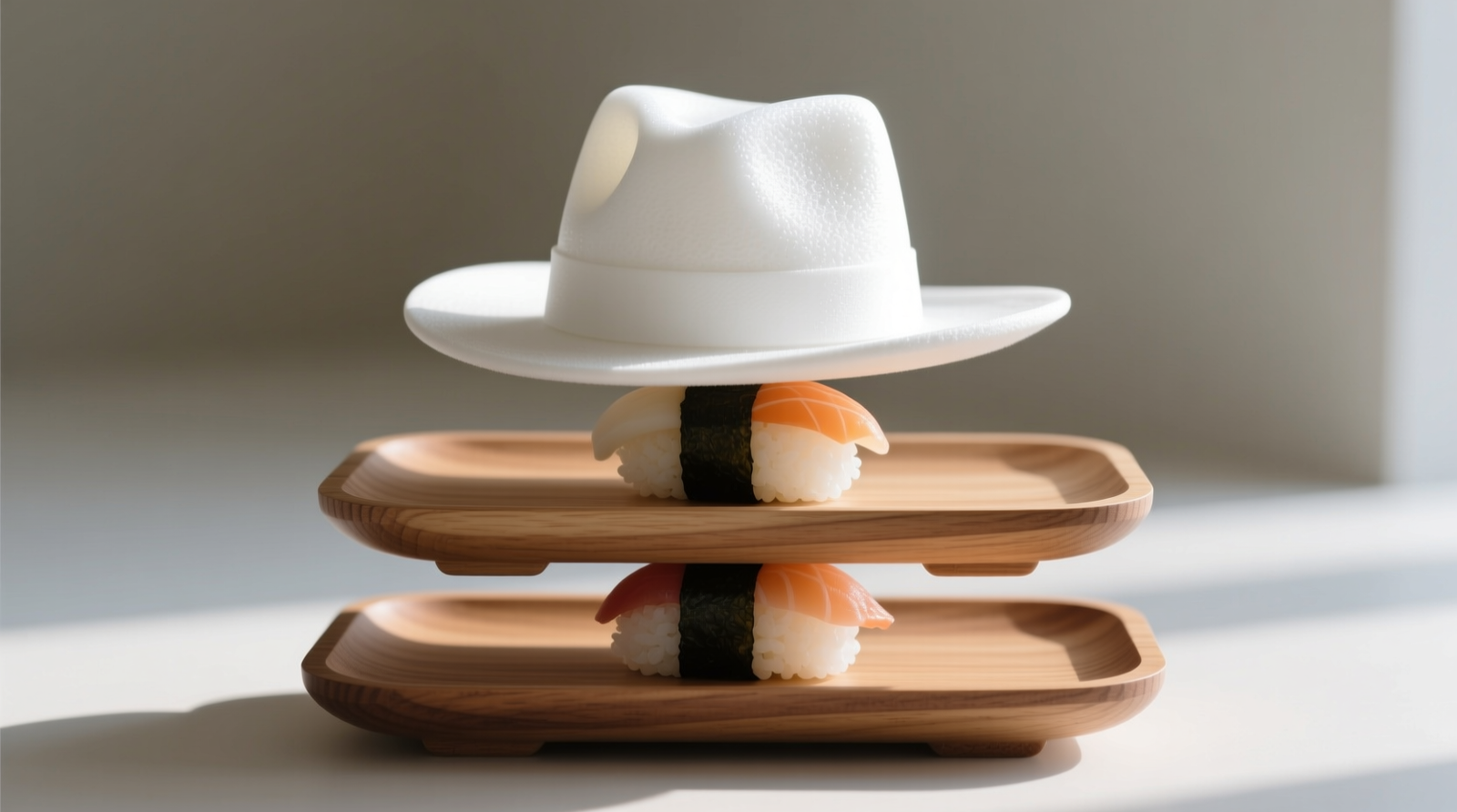 Three stacked sushi trays, each holding one hat upside-down with visible white foam block centered inside the crown; brims rest fully supported on tray rims, no contact between hats