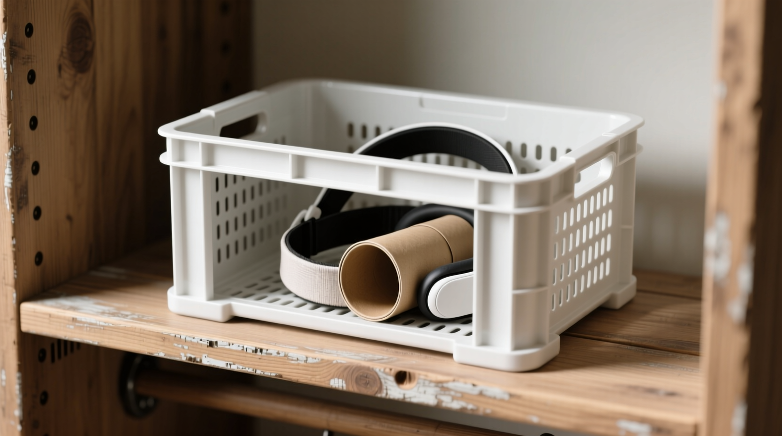 A white ventilated polypropylene storage bin containing a single VR headset strap coiled loosely around a cardboard tube core; bin sits centered on a wooden closet shelf with visible air gaps around its base and perforations clearly visible on all four sides