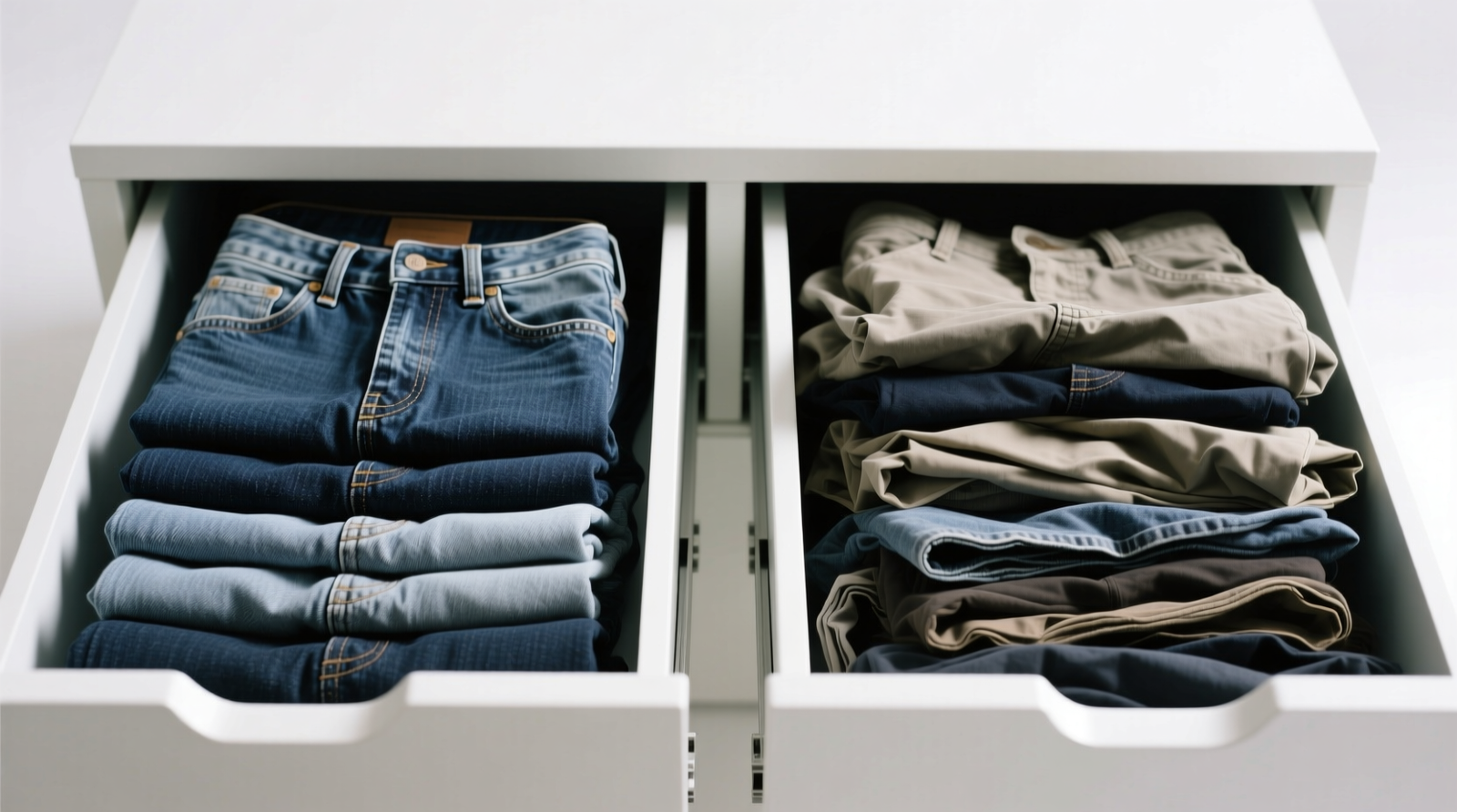 Side-by-side comparison: left drawer shows neatly aligned vertical folds of denim and chino pants, each showing waistband and hem clearly; right drawer shows collapsed horizontal stack with obscured details and uneven edges