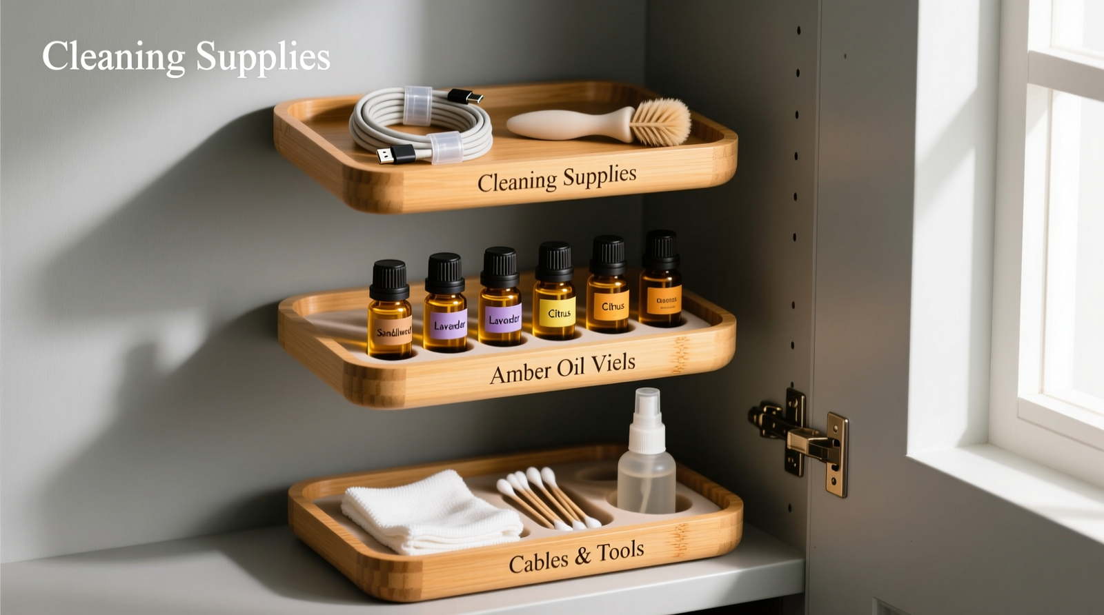 A narrow closet side compartment with three stacked, labeled bamboo trays: bottom holds diffuser cleaning supplies, middle holds amber oil vials in snug-fitting slots, top holds coiled USB-C cable and silicone brush in custom-cut silicone sleeves