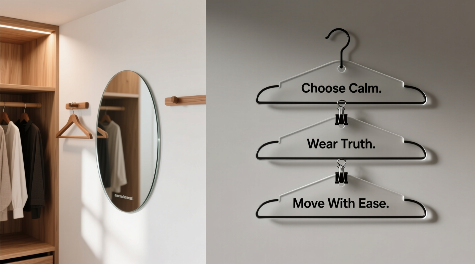 Side-by-side comparison: left panel shows a minimalist closet with a frosted affirmation mirror mounted beside a cedar-hanging rail; right panel displays three hangers with matte-finish acrylic tags engraved with 'Choose Calm', 'Wear Truth', and 'Move With Ease', clipped cleanly to the hanger necks