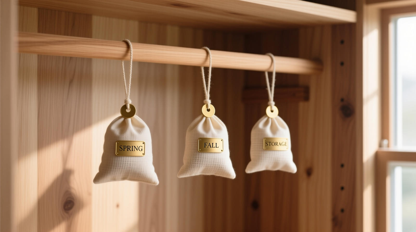 A minimalist cedar closet with three labeled, breathable cotton sachets hanging at eye level on wooden hangers: one marked 'SPRING', one 'FALL', and one 'STORAGE' in small brass tags; visible airflow space around each