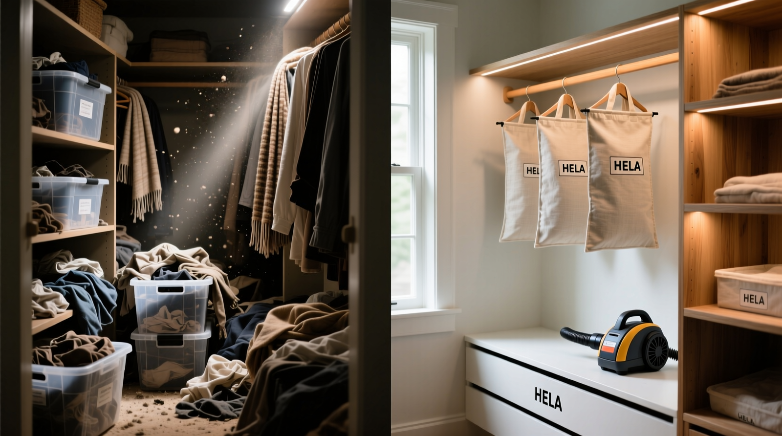 Side-by-side comparison: left shows a cluttered closet with plastic bins and visible dust on draped scarves; right shows an organized closet with breathable cotton garment bags, cedar-lined shelves, and a labeled HEPA vacuum tool resting on a clean ledge